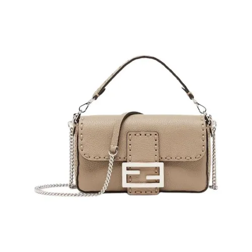FENDI Baguette Телячья кожа Портативная Сумка через плечо Сумка на плечо Мини Женская Бежевая