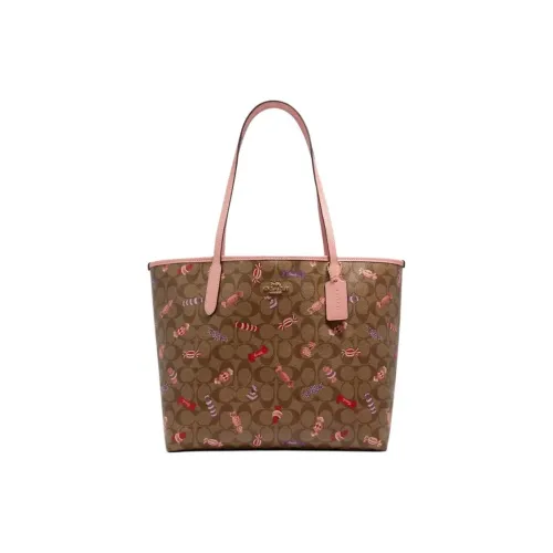 COACH Городская кожаная сумка-тоут сумка для покупок сумка через плечо женская цвет вишневый цветок и розовый коричневый