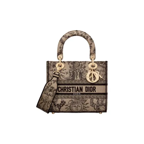 DIOR LADY D Лайт Вышивка Сумка Lady Dior Сумка через плечо Сумка среднего размера Женская Бежевая и Черная