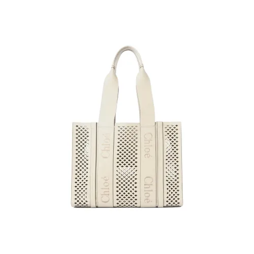Chloe Woody Крупнозернистая текстура Телячья кожа Тоут Сумка Сумка для покупок Сумка среднего размера Женская Айвори