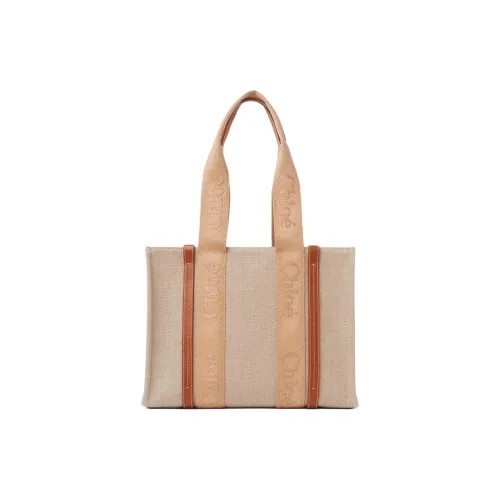Chloe Woody Linen Canvas Calfskin Canvas Tote Bag Shopping Bag Medium Women's Light Umber