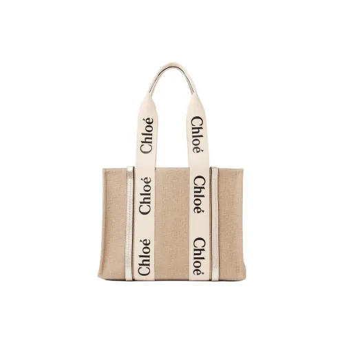 Chloe Woody Linen Metal Calfskin Tote Bag Shopping Bag Medium Women's Light Gold