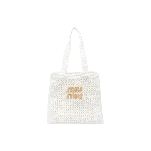MIU MIU Ткань Тоут Сумка Сумка для покупок Сумка Женская Белая и Золотая