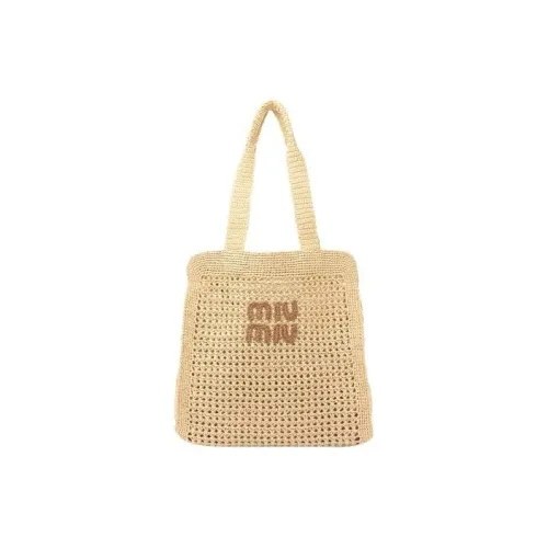 MIU MIU Ткань Тоут Сумка Сумка для покупок Сумка Женская Бежевая и Коричневая