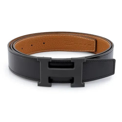 HERMES Коровья кожа Togo Двойной кожаный ремень мужской черный золотой ширина 3,2 см