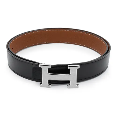 HERMES Классический Средний Серый Ремешок с Пряжкой из Коровьей Кожи Togo Двойной Сторонний Ремешок из Кожи Ширина 3,2 см Мужской Черный Золото