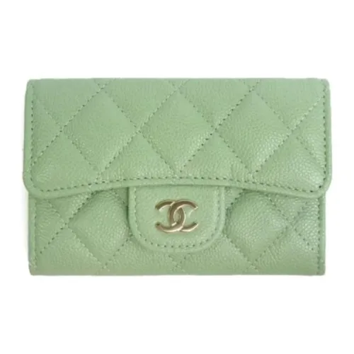 CHANEL Рельефная Икорная Телячья Кожа Монета Кошелек Держатель для Карт Женский Зеленый