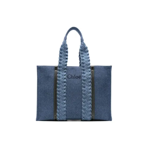 Chloe Woody Хлопок Телячья Кожа Тоут Сумка Сумка для покупок Сумка Большая Женская Индиго