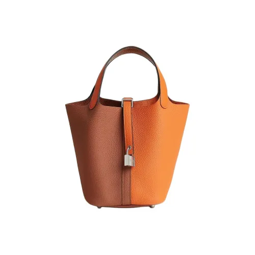 HERMES Picotin Lock Clemence Bullock Кожа Корзина Сумка Ведрообразная Сумка Женская Апельсин Коричневый