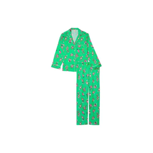 Victoria's Secret Satin Long Pajama Set Pajama Set Women's Green Floral Design Print