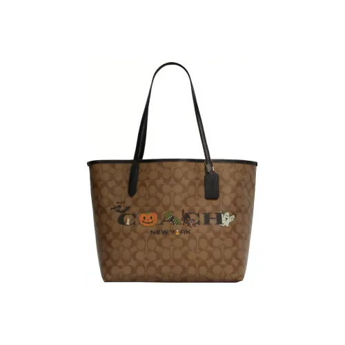 COACH City Canvas с кожаными вставками сумка-тоут сумка для покупок сумка через плечо женская коричневый и черный плечевой ремень