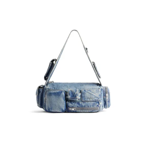 Balenciaga Superbusy Выстиранный Деним Сумка через плечо Маленькая Мужская Синяя