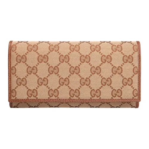 GUCCI Luggage Canvas Leather Long Flap Wallet Women's Brown