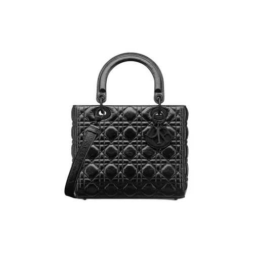 DIOR Lady Dior Кракелюр Cannage Телячья кожа Сумка Lady Dior Сумка через плечо Сумка среднего размера Женская Черная