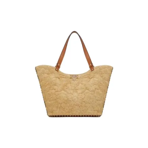 Valentino Rockstud Raffia Tote Bag Shopping Bag Tote Small Women's Natural Almond