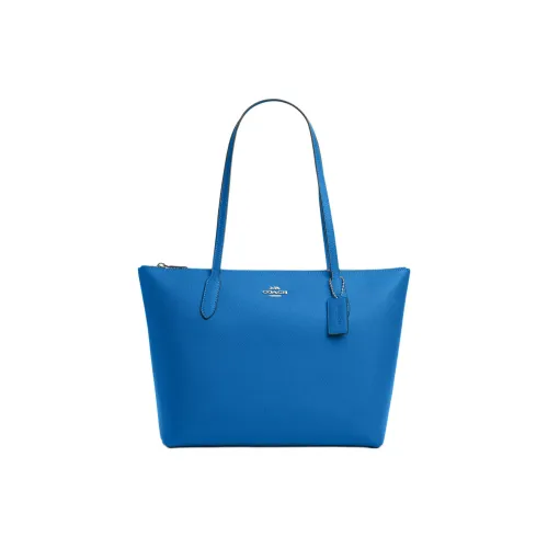 COACH Zip Top Tote Крестообразная текстура Кожа Тоут Сумка Сумка для покупок Сумка на плечо Сумка Мини Women's Silver Ярко-синий