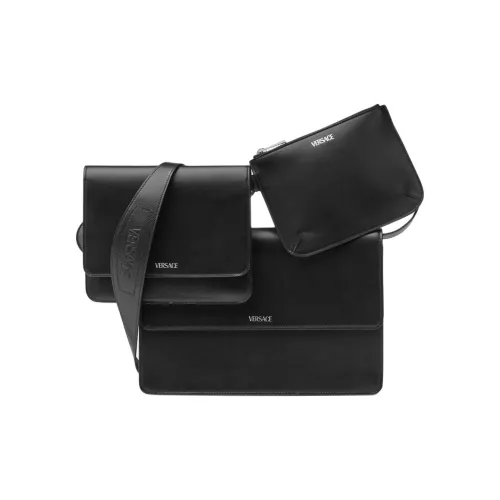 VERSACE Кожа Комбинация Курьерская Сумка Сумка через плечо Сумка на плечо Мужская Черная и Серебряная