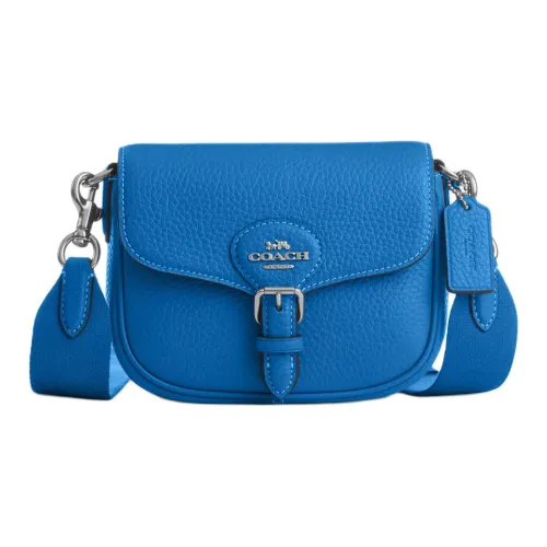 COACH Amelia Pebble Leather Saddle Bag Crossbody Bag Small Women's Silver Bright Blue COACH Amelia Галька Кожа Седло Сумка Сумка через плечо Маленькая Женская Серебряный Ярко-Синий