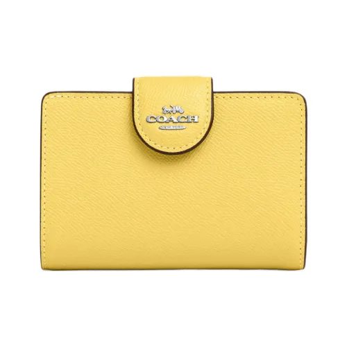 COACH Corner Zip Крестообразная текстура Кожа Кошелек Мини Women's Silver Винтажный желтый