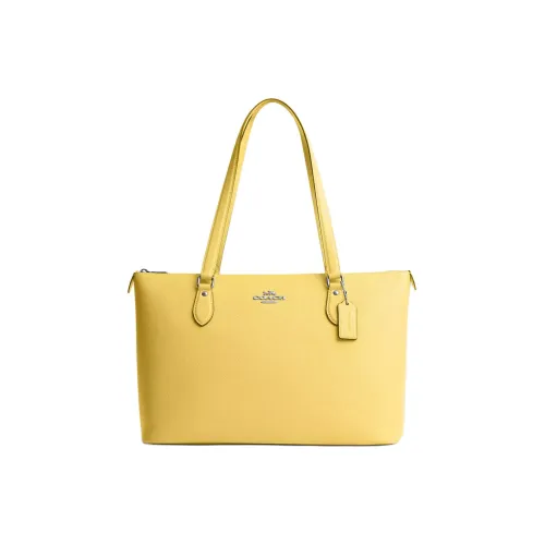 COACH Gallery Крестообразная текстура Кожа Тоут Сумка Сумка для покупок Сумка на плечо Сумка Большая Women's Silver Винтажный желтый