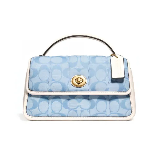 COACH Turnlock Холст и Кожа Сумка с Кнопкой Сумка через плечо Сумка через плечо Маленькая Женская Синяя Монограмма