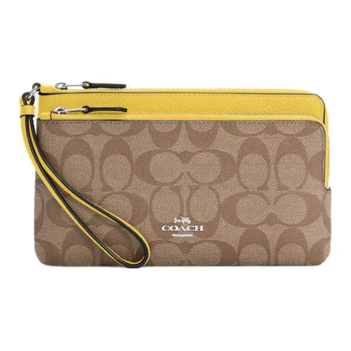 COACH Double Zip Wallet Галька Кожа Мелочь Кошелек Запястье Сумка Кошелек Женское Серебристый Хаки Винтажный Желтый