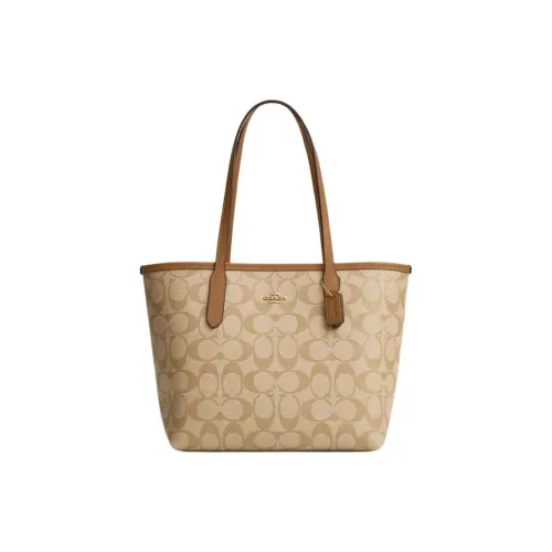 COACH Городская Сумка на Плечо из Холста с Искусственной Кожей Маленькая Женская Светлый Хаки и Светлый Цвет Седла