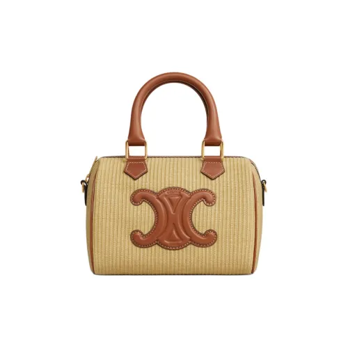 CELINE Triomphe Ткань с коровьей кожей Бостон Сумка Сумка через плечо Сумка Маленькая Женская Натуральная и Коричневая