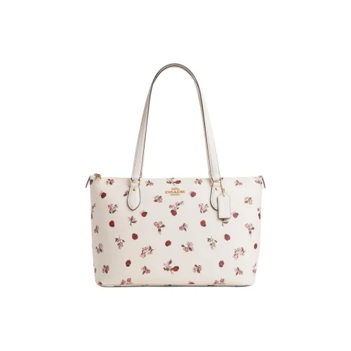 COACH Gallery Покрытый холст Сумка-тоут Сумка для покупок Сумка через плечо Сумка Большая Женская Золото и Мелово-многоцветная