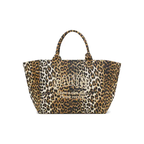 GANNI Переработанный хлопок Тоут Сумка Сумка для покупок Сумка Экстра-большая Женская с леопардовым принтом