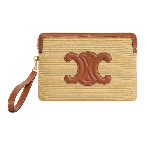 CELINE Cuir Triomphe Растительный материал Effect Ткань с коровьей кожей Обметка Клатч Маленький Женские Натуральный Коричневый