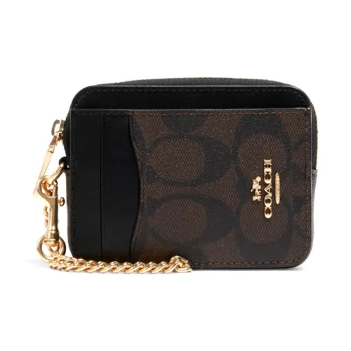 COACH Card Case Холст с кожей Картхолдер Женские Черный Коричневый Монограмма