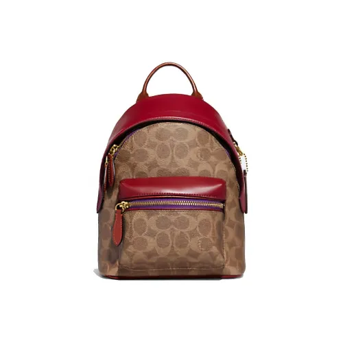 COACH Charter Canvas Leather Backpack Small Women's Brown Red COACH Charter Холст Кожа Рюкзак Маленький Женский Коричневый и Красный