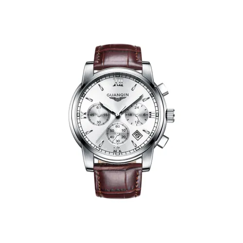 GUANQIN Тройной Eye Многофункциональный DS19018 H.BBZ Кварцевый механизм Естественная кожа Ремешок Часы Мужские Циферблат Серебристый