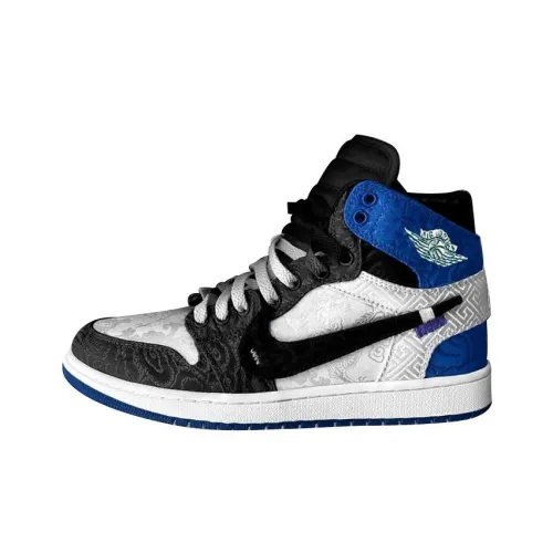 OFF Белый x Jordan Air Jordan 1 Slip-resistant High Top Винтажные баскетбольные кроссовки Мужской Синий Черный Белый