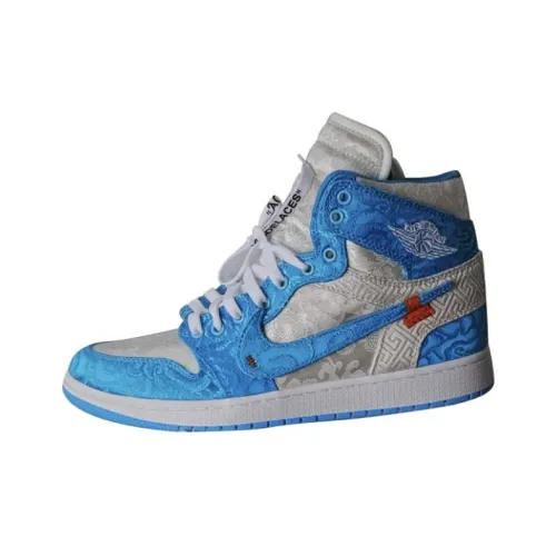 Off Белый x Jordan Air Jordan 1 Устойчивые к истиранию высокие топы Винтажные баскетбольные кроссовки Мужской Синий Белый