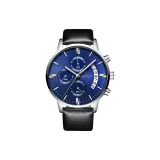 Белый чехол, синий циферблат, черная кожа.