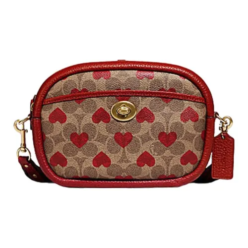 COACH Camera Холст с кожей Camera Сумка Одно плечо Ручная сумка Сумка через плечо Маленькая Женская Коричневая и Красная