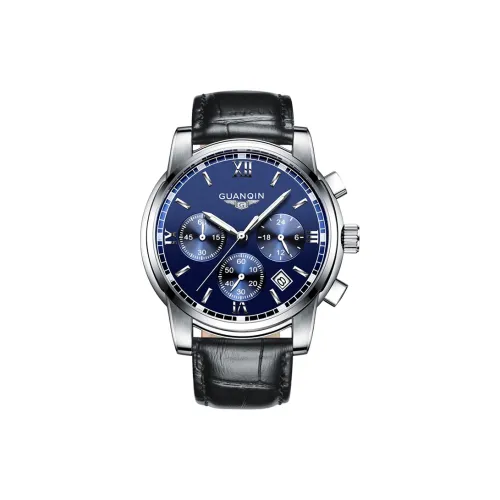 GUANQIN Тройной Eye Многофункциональный DS19018 H.BLH Кварцевый механизм Натуральная кожа Ремень Часы Мужские Часы Синий циферблат