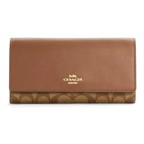 COACH Трехсекционный кошелек из холщовой кожи клатч кошелек женский коричневый