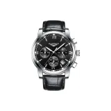 Белый корпус, черный циферблат, кожаный ремешок.