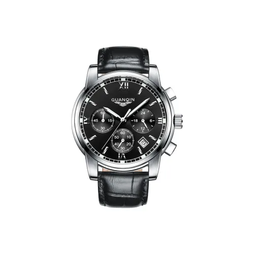 GUANQIN Тройной Eye Многофункциональный DS19018 H.BHH Кварцевый механизм Естественная кожа Ремешок Часы Мужские Черный циферблат