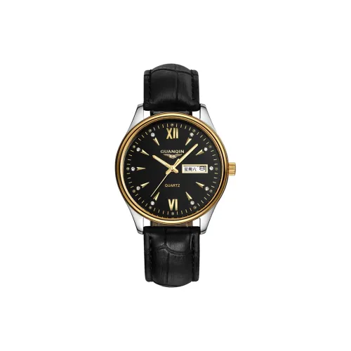 GUANQIN DS80019 A.JHH Кварцевый механизм Естественная кожа Ремешок Часы Мужские Черный циферблат