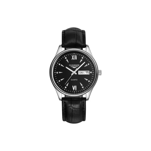 GUANQIN DS80019 A.BHH Кварцевый механизм Естественная кожа Ремешок Часы Мужские Черный циферблат