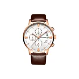 Коричневая кожа, розовый корпус, белый циферблат.