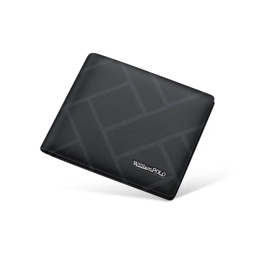 WilliamPOLO Top Grain Cow Leather Long Cropped Wallet Coin Purse Men's Black