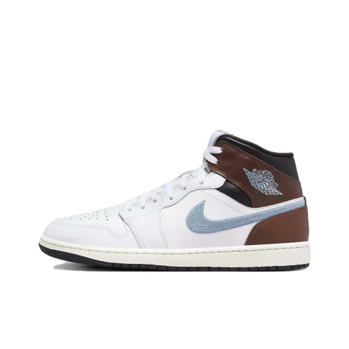 Jordan Air Jordan 1 MID SE 'Вышитая версия' Нижняя юбка Resistant MID Топ Винтажные баскетбольные кроссовки Мужской Белый коричневый голубой