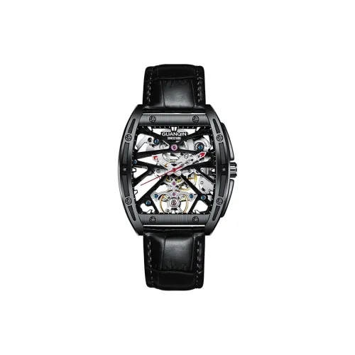 GUANQIN Автоматический механический механизм Кожаный ремешок Часы Мужские часы Черепный циферблат