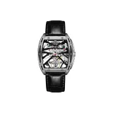 Серебряный корпус, черный циферблат, черный кожаный ремешок.