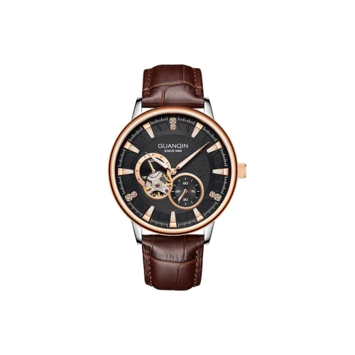 GUANQIN Автоматический Механический Механизм Естественная Кожа Ремешок Часы Мужские Черный Циферблат